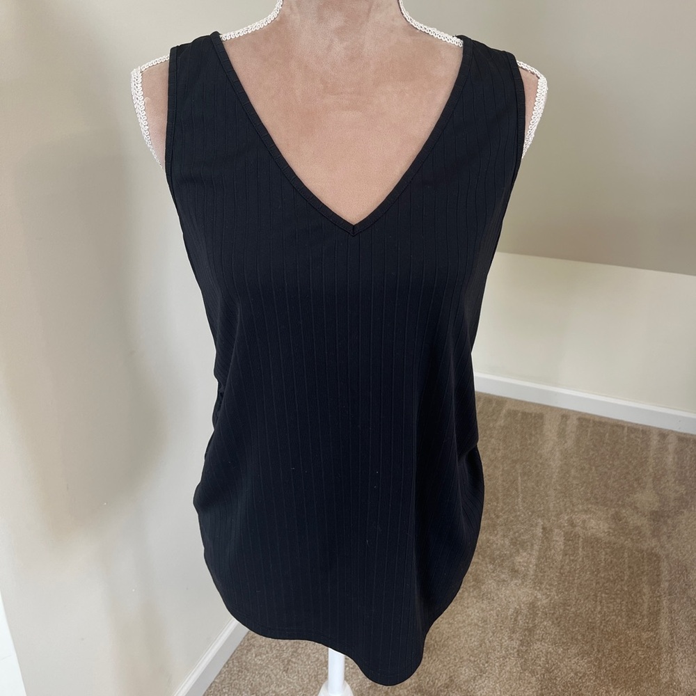 Maternity Size Large V-Neck Stretchy Black Sleeveless Tank Top Ruched Waist